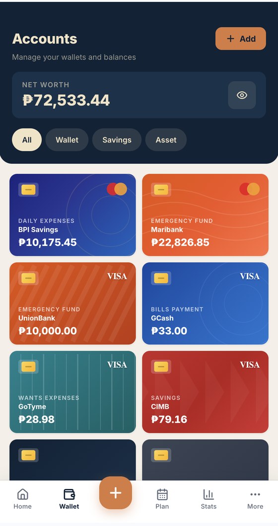 Finance Tracker — accounts screen